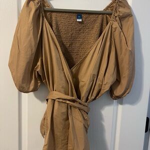 Tan Puff Sleeve Wrap Shirt